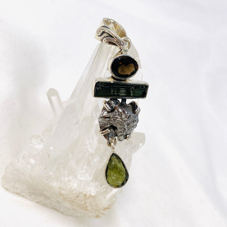 Moldavite, Campo del Cielo Meteorite, Green Tourmaline & Smokey Quartz pendant - Nature's Magick