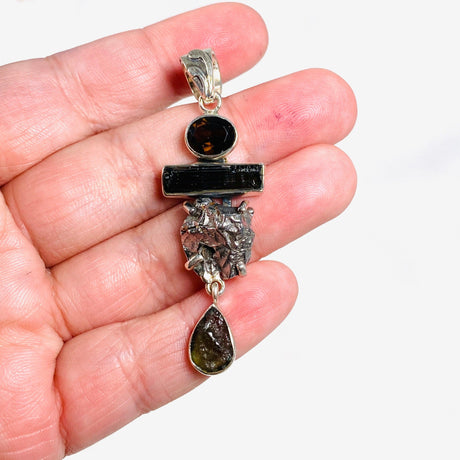 Moldavite, Campo del Cielo Meteorite, Green Tourmaline & Smokey Quartz pendant - Nature's Magick