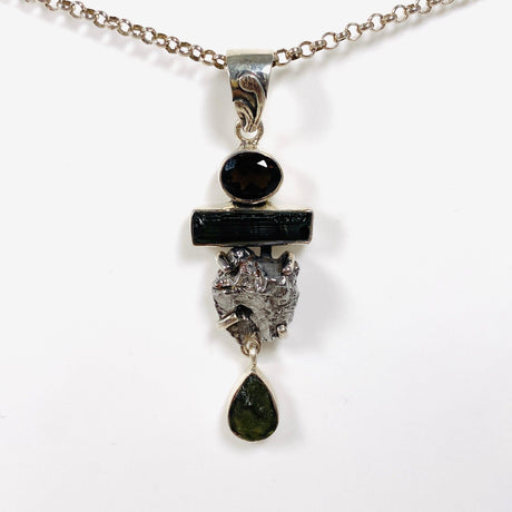 Moldavite, Campo del Cielo Meteorite, Green Tourmaline & Smokey Quartz pendant - Nature's Magick