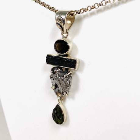 Moldavite, Campo del Cielo Meteorite, Green Tourmaline & Smokey Quartz pendant - Nature's Magick