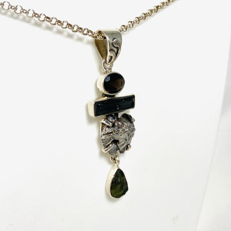 Moldavite, Campo del Cielo Meteorite, Green Tourmaline & Smokey Quartz pendant - Nature's Magick