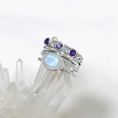 Moonstone and Amethyst Multi-stone Faceted Gemstone Ring R3783 - Nature's Magick