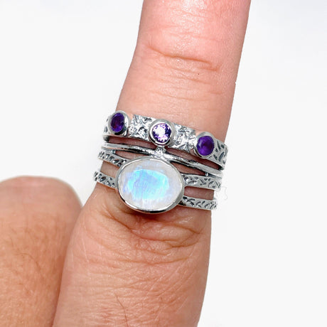 Moonstone and Amethyst Multi-stone Faceted Gemstone Ring R3783 - Nature's Magick