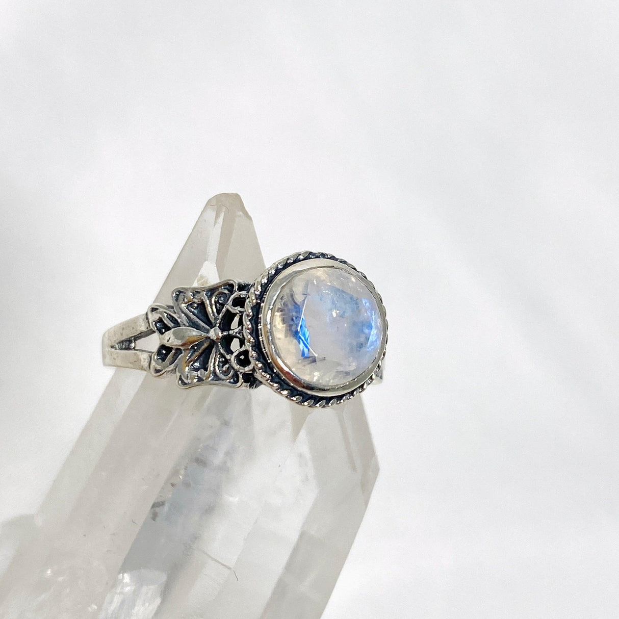 Moonstone Faceted Round Ring in a Decorative Setting R3671 - Nature's Magick