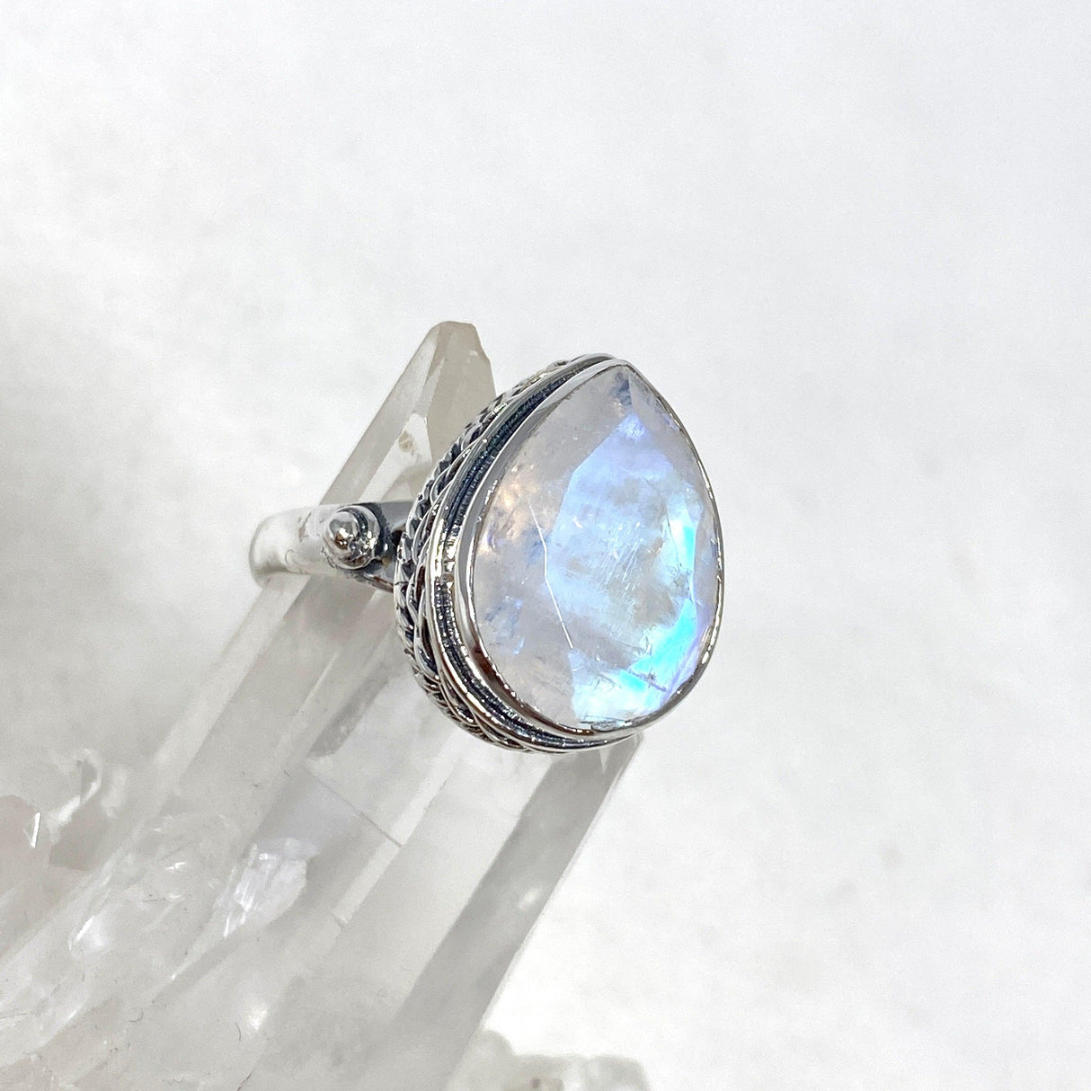 Moonstone Faceted Teardrop Ring in a Decorative Setting R3817 - Nature's Magick