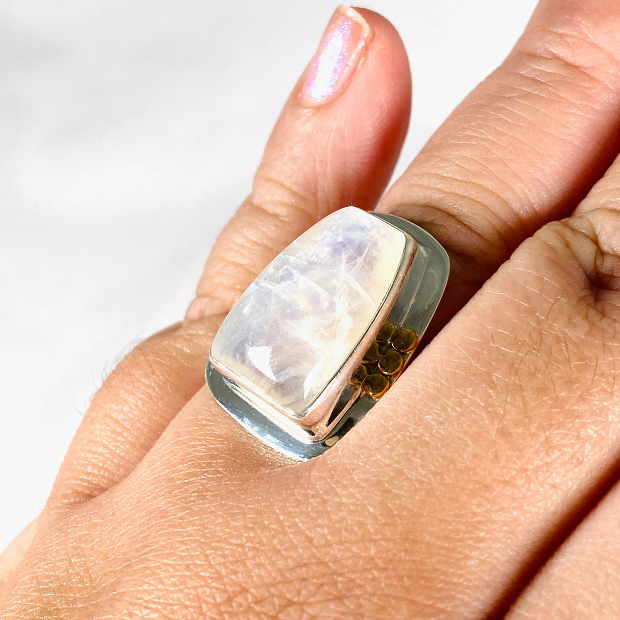 Moonstone Freeform Ring with Brass Detailing s.10 KRGJ3035 - Nature's Magick