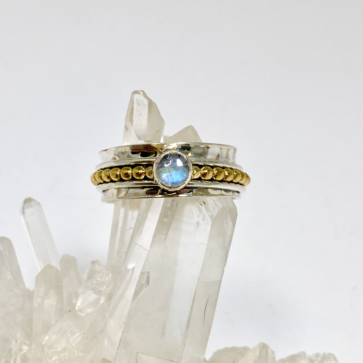 Moonstone Round Cabochon Sterling Silver, Brass and Copper Spinner Ring RG1054MS