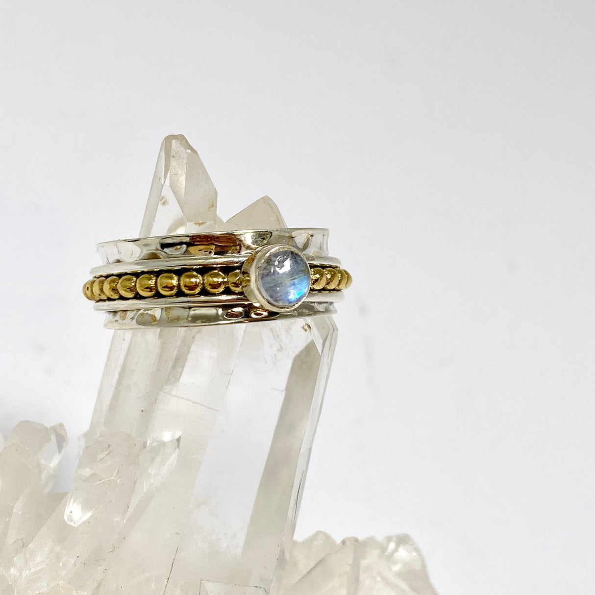 Moonstone Round Cabochon Sterling Silver, Brass and Copper Spinner Ring RG1054MS