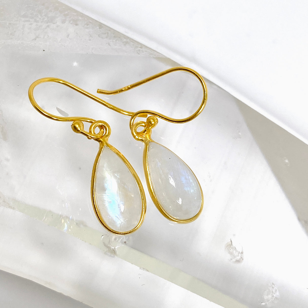 Moonstone Teardrop Cabochon Gold Plated Drop Earrings C210YG-MS