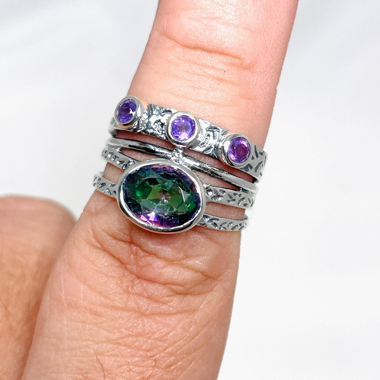 Mystic Topaz and Amethyst Multi-stone Faceted Gemstone Ring R3783 - Nature's Magick