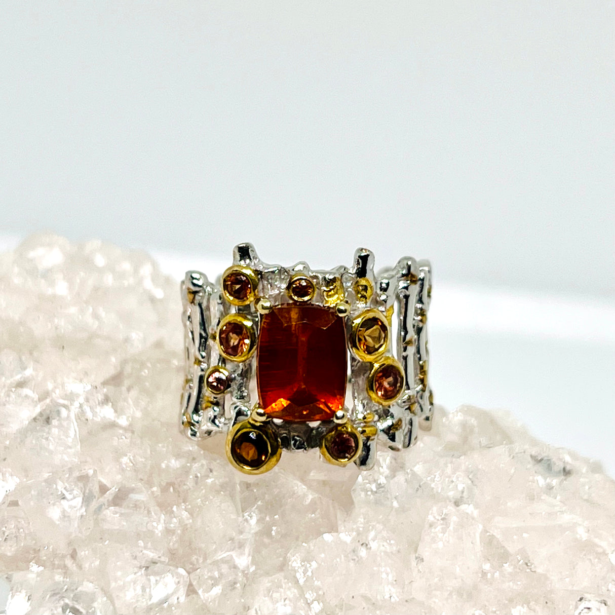 Orange Kyanite cushion cut with Tourmaline and Sapphire Designer ring Size 8 GRA580