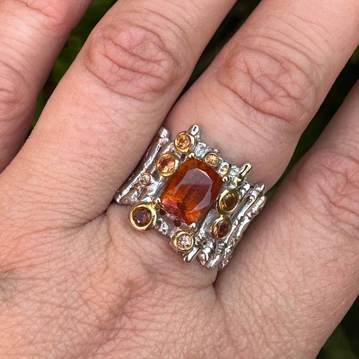 Orange Kyanite cushion cut with Tourmaline and Sapphire Designer ring Size 8 GRA580