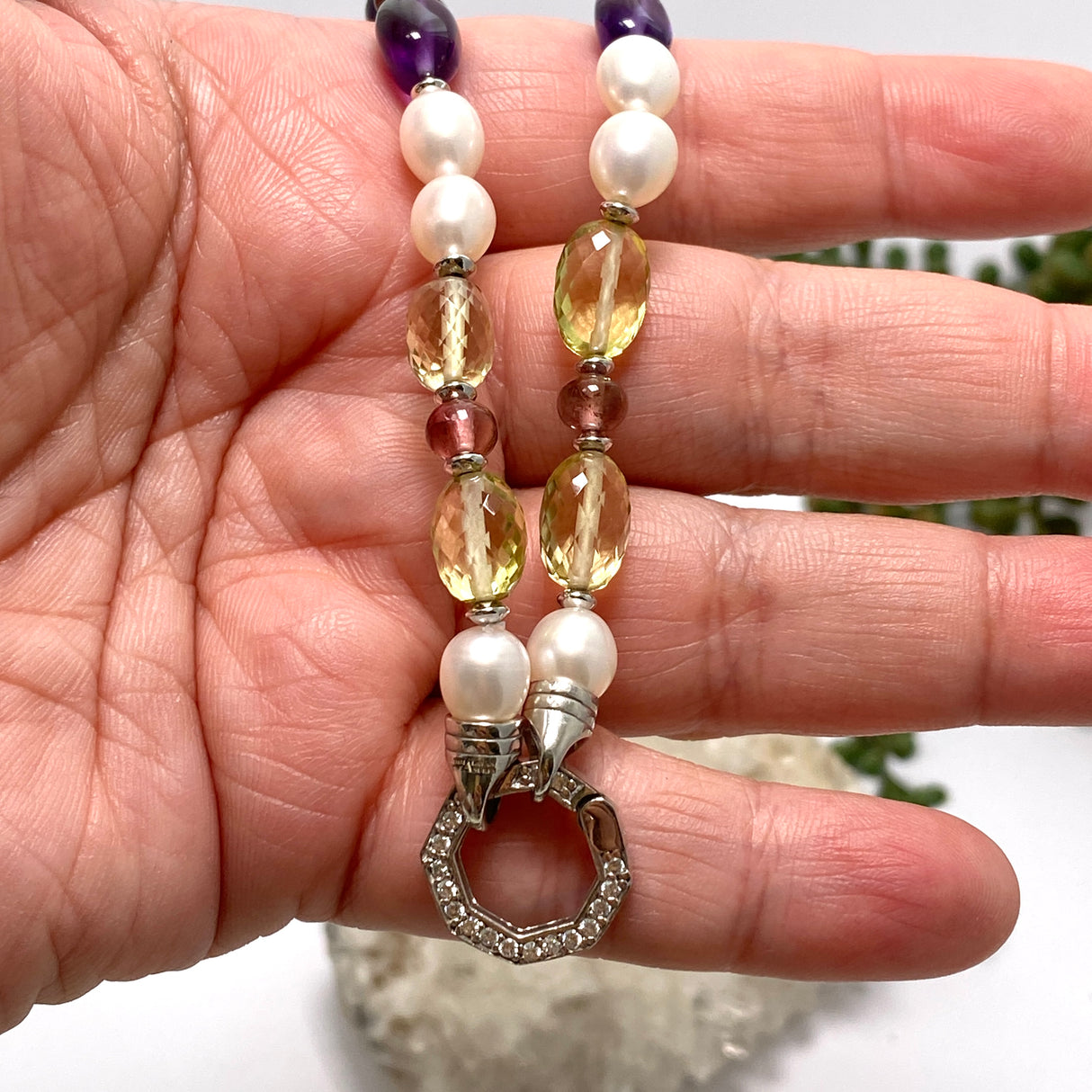 Pearl, Amethyst, Lemon Quartz and Tourmaline Necklace HNGJ-01