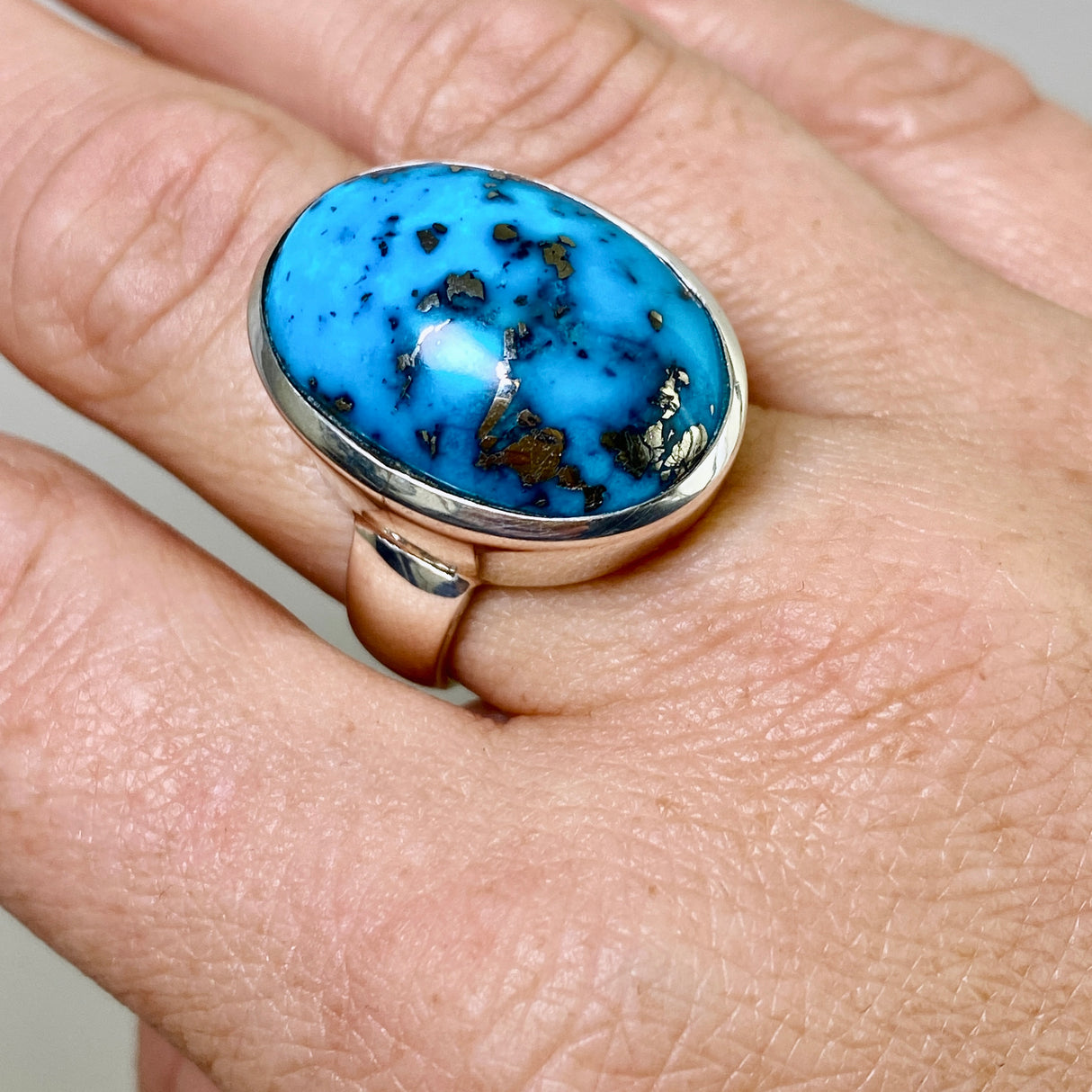Persian Turquoise with Pyrite (Iran) Oval Cabochon Ring Size 10 PRGJ870