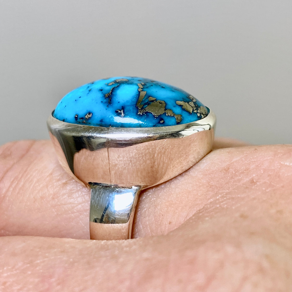 Persian Turquoise with Pyrite (Iran) Oval Cabochon Ring Size 10 PRGJ870