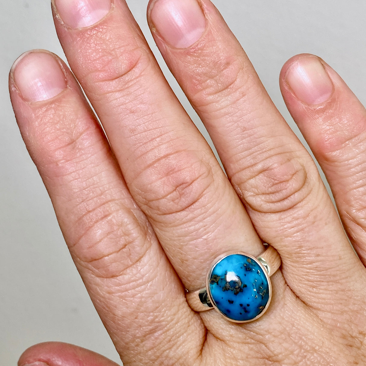 Persian Turquoise with Pyrite (Iran) Oval Cabochon Ring Size 9.5 PRGJ871
