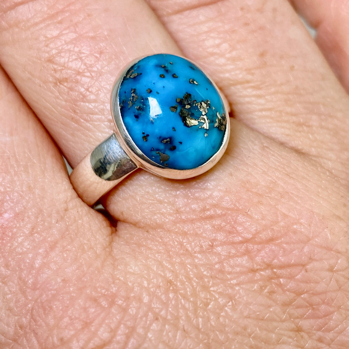 Persian Turquoise with Pyrite (Iran) Oval Cabochon Ring Size 9.5 PRGJ871
