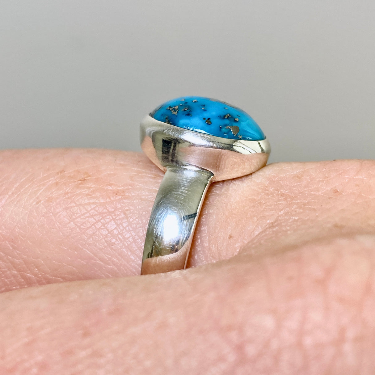 Persian Turquoise with Pyrite (Iran) Oval Cabochon Ring Size 9.5 PRGJ871