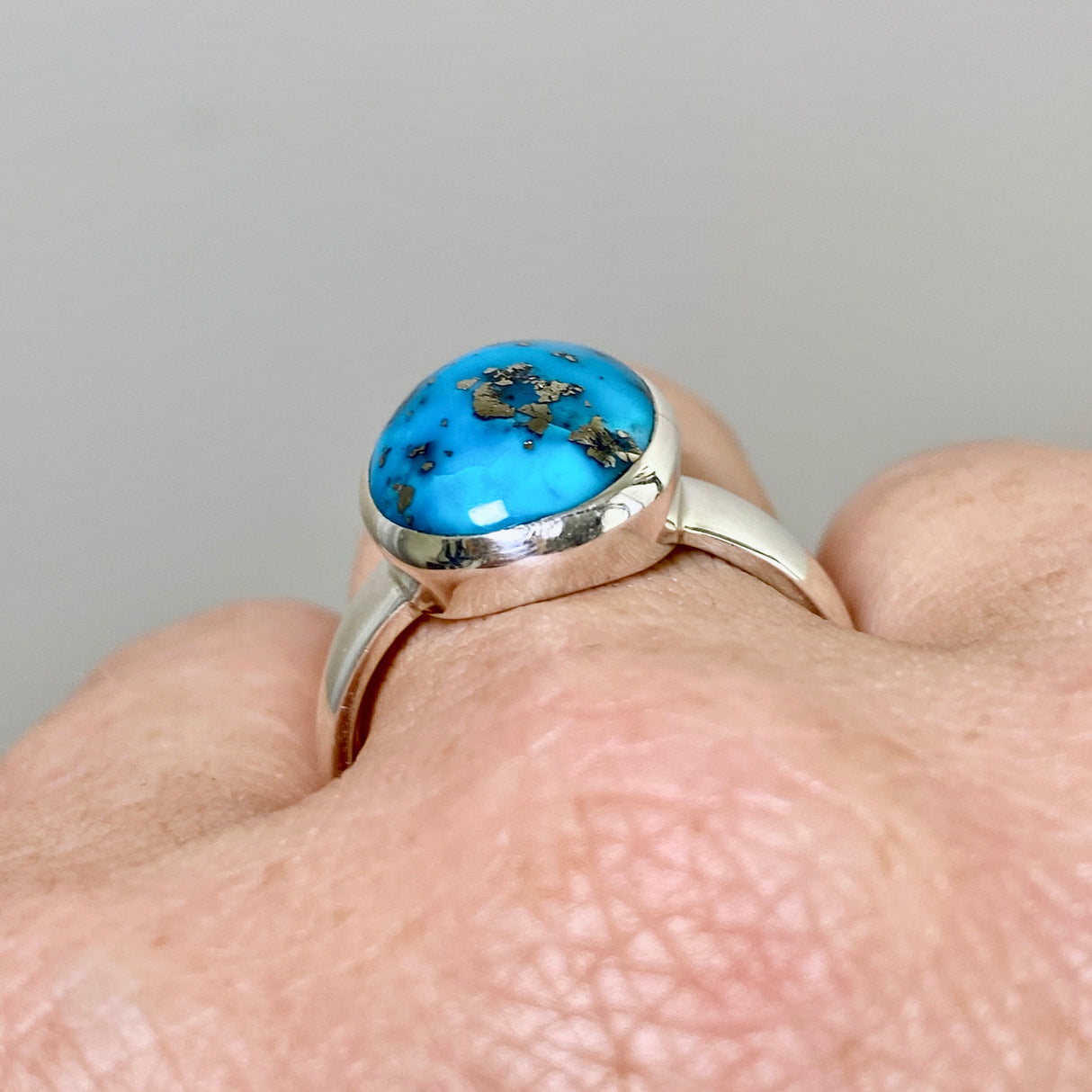 Persian Turquoise with Pyrite (Iran) Oval Cabochon Ring Size 9.5 PRGJ871