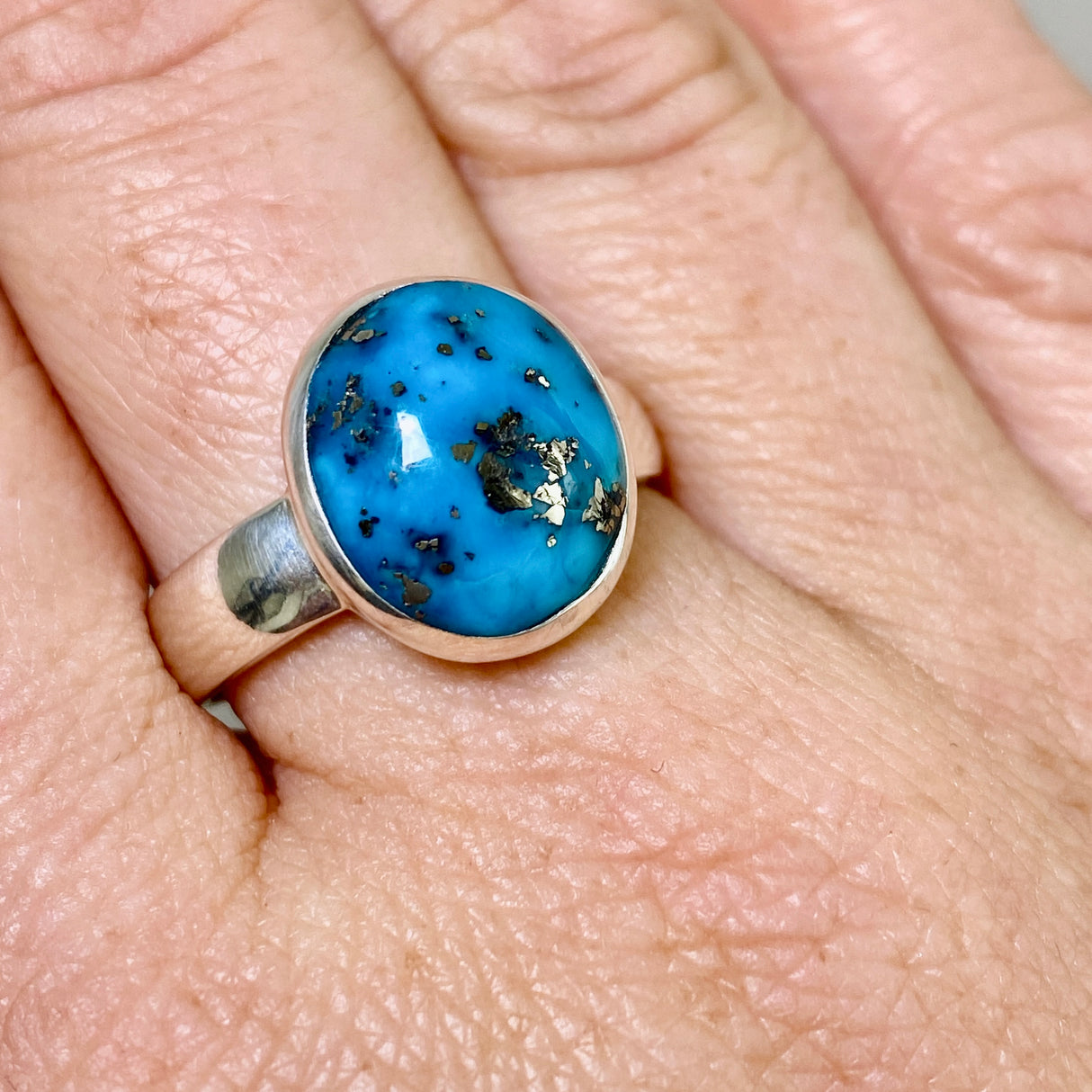 Persian Turquoise with Pyrite (Iran) Oval Cabochon Ring Size 9.5 PRGJ871