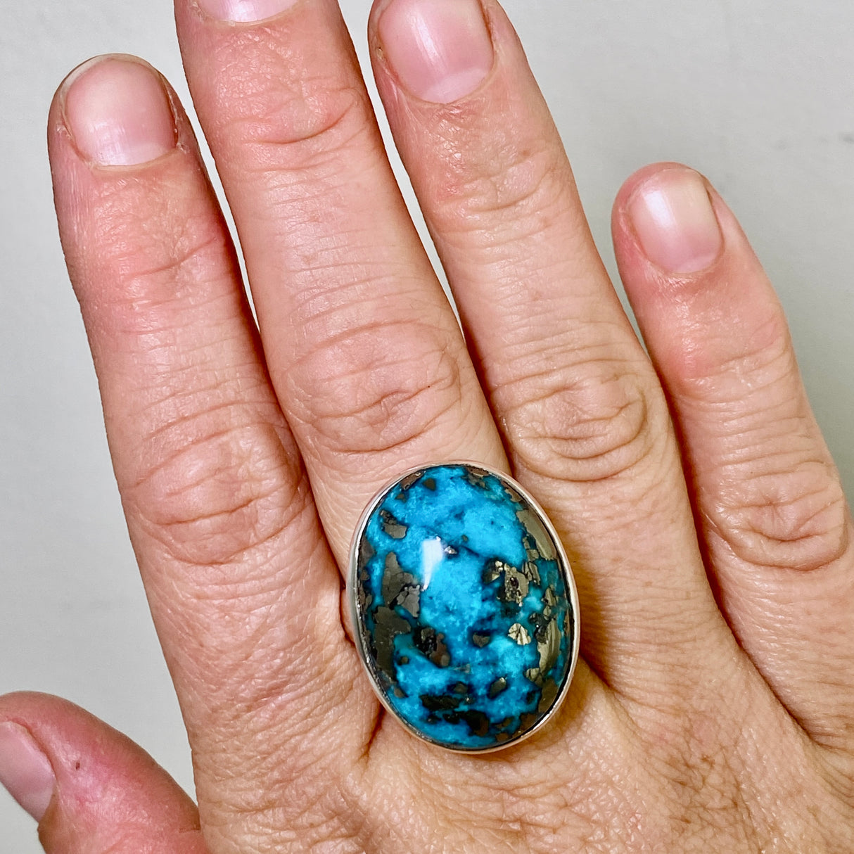 Persian Turquoise with Pyrite (Iran) Oval Cabochon Ring Size 9 PRGJ869