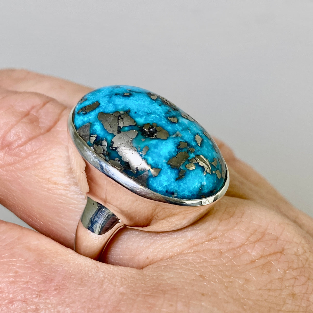 Persian Turquoise with Pyrite (Iran) Oval Cabochon Ring Size 9 PRGJ869