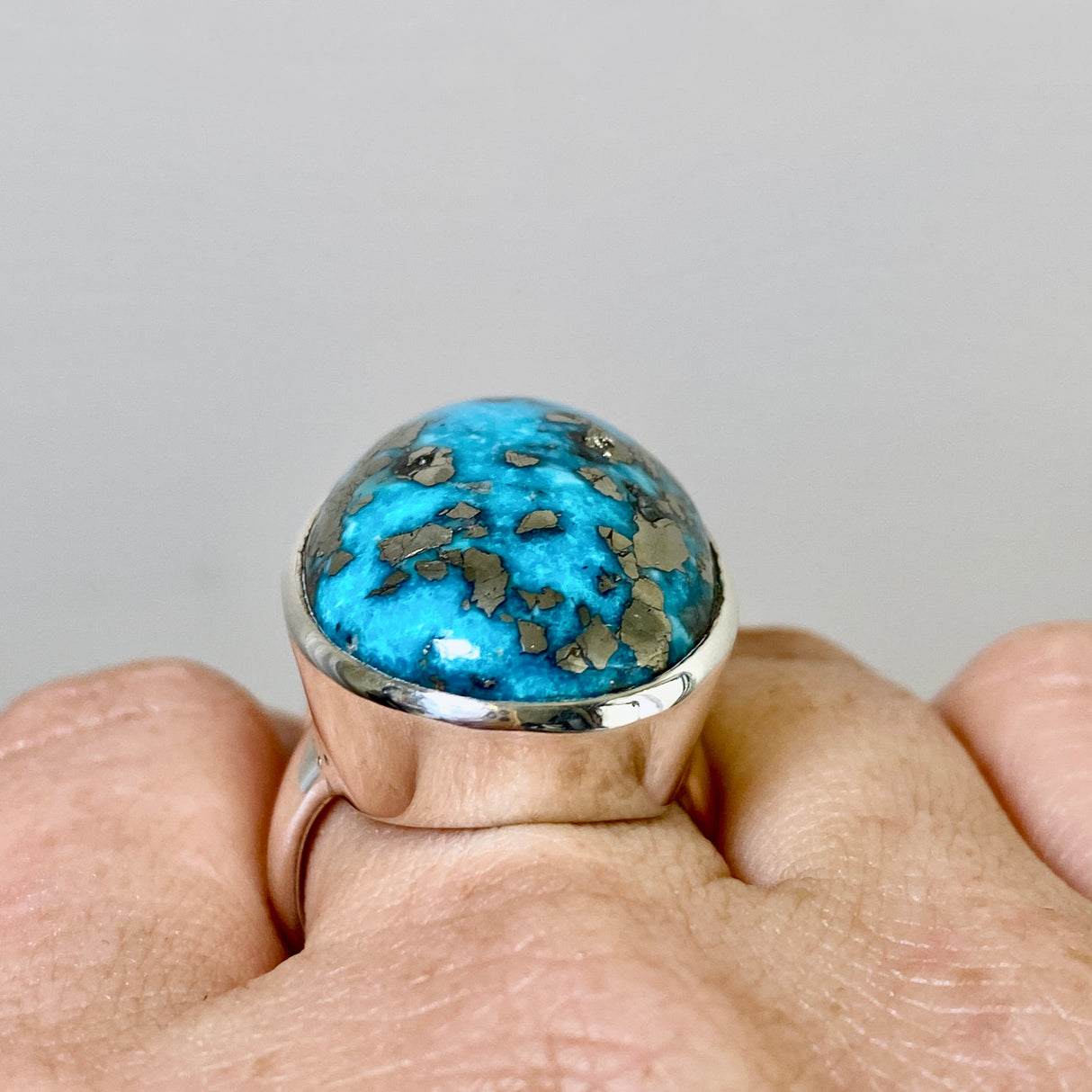 Persian Turquoise with Pyrite (Iran) Oval Cabochon Ring Size 9 PRGJ869