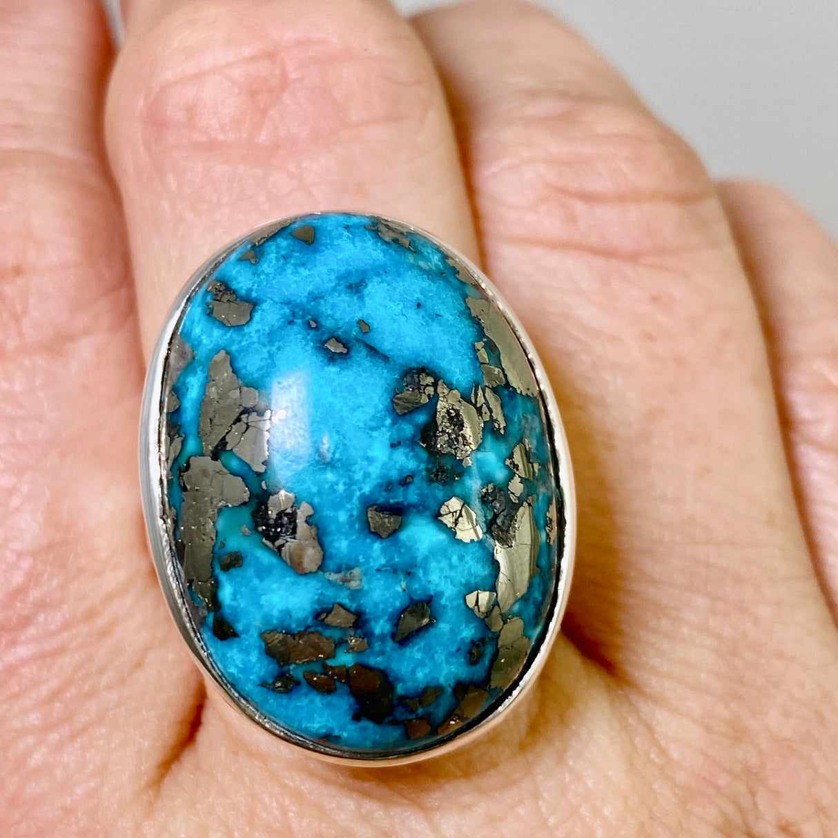 Persian Turquoise with Pyrite (Iran) Oval Cabochon Ring Size 9 PRGJ869