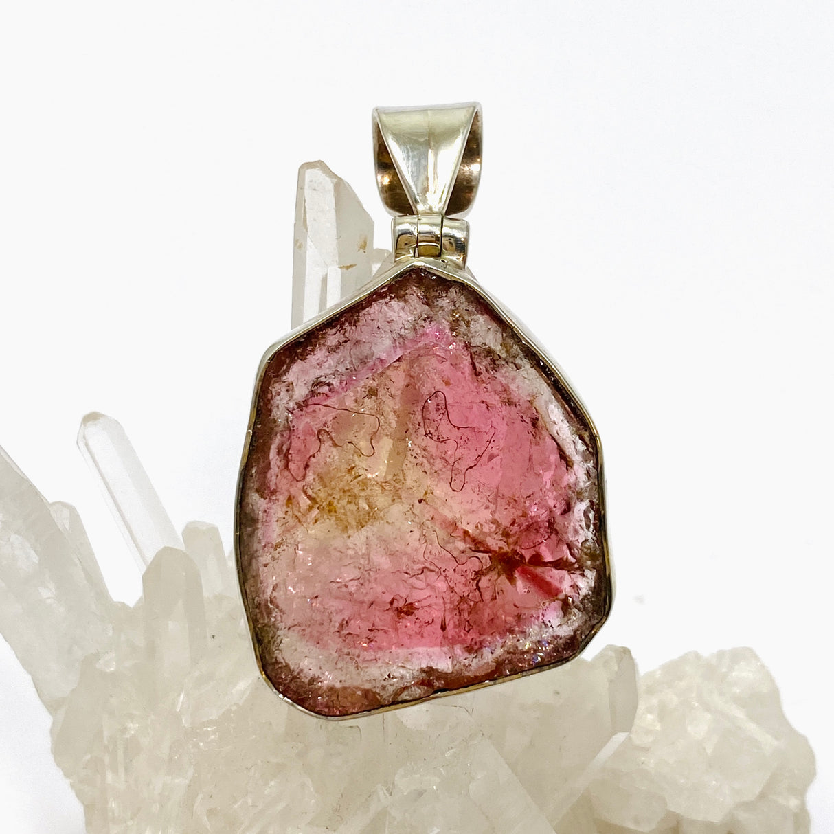 Pink and gold tourmaline large slice pendant GPJ02