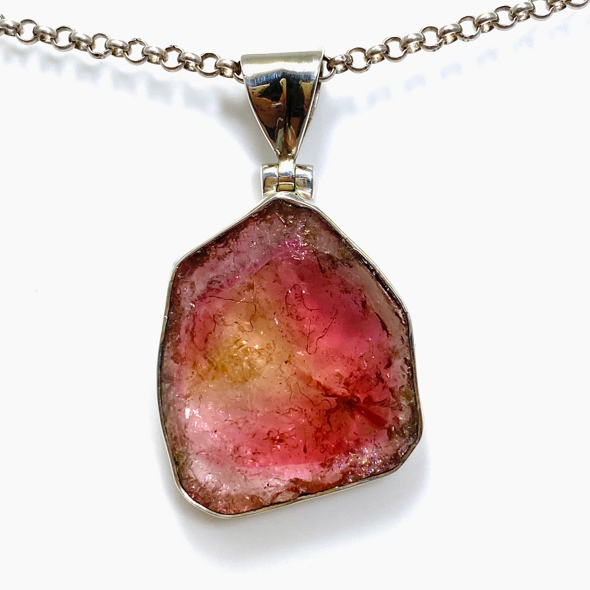 Pink and gold tourmaline large slice pendant GPJ02