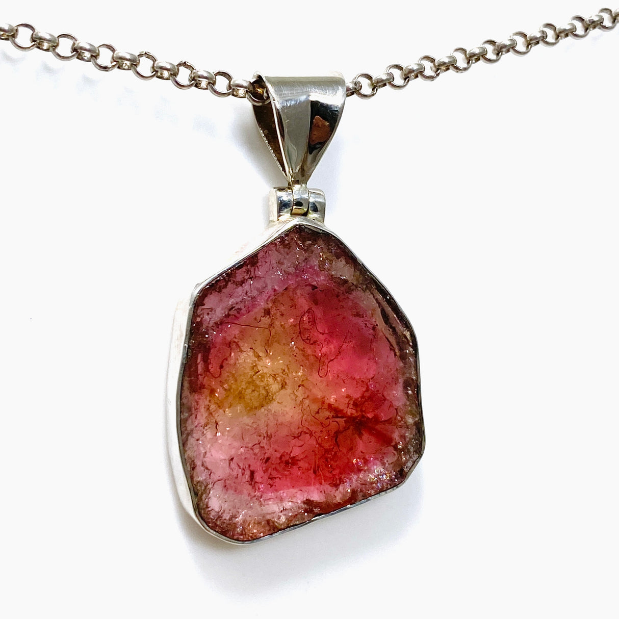 Pink and gold tourmaline large slice pendant GPJ02