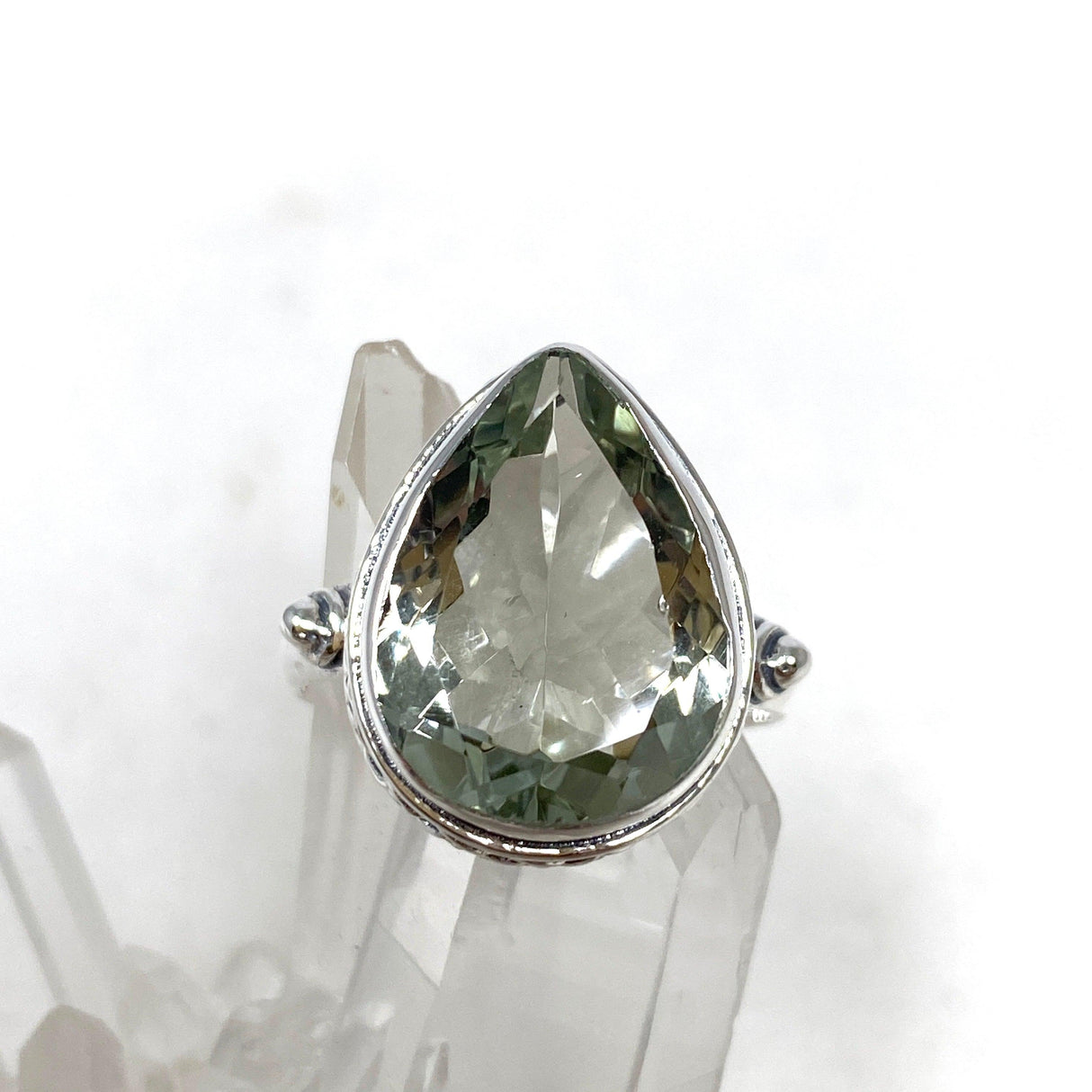 Prasiolite Faceted Teardrop Ring in a Decorative Setting R3817 - Nature's Magick