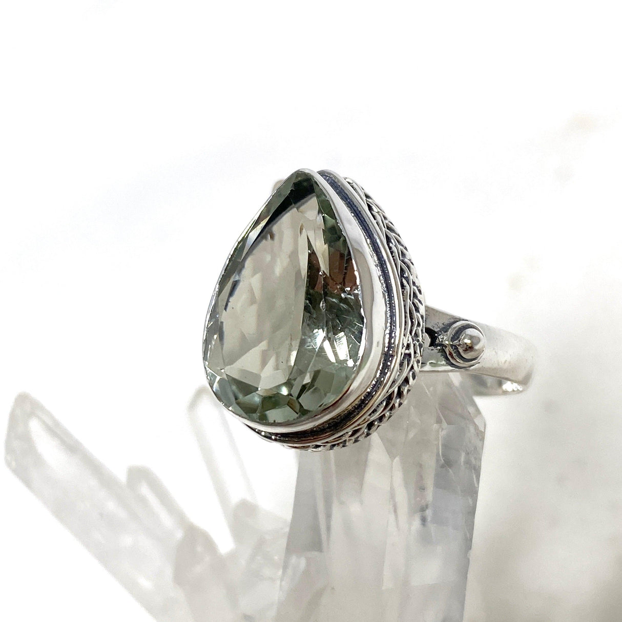 Prasiolite Faceted Teardrop Ring in a Decorative Setting R3817 - Nature's Magick