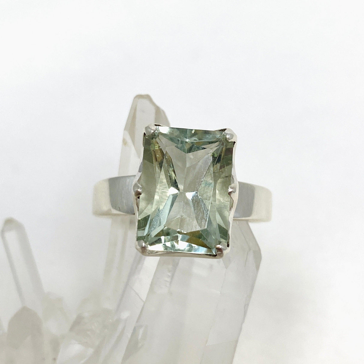 Prasiolite (Green Amethyst) Faceted Rectangular Ring Size 11 PRGJ417 - Nature's Magick