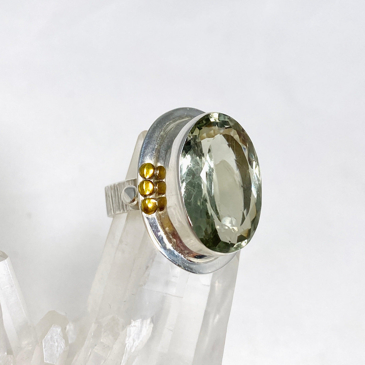 Prasiolite (Green Amethyst) Oval Faceted Ring with Brass Accents Size 8 KRGJ3170 - Nature's Magick