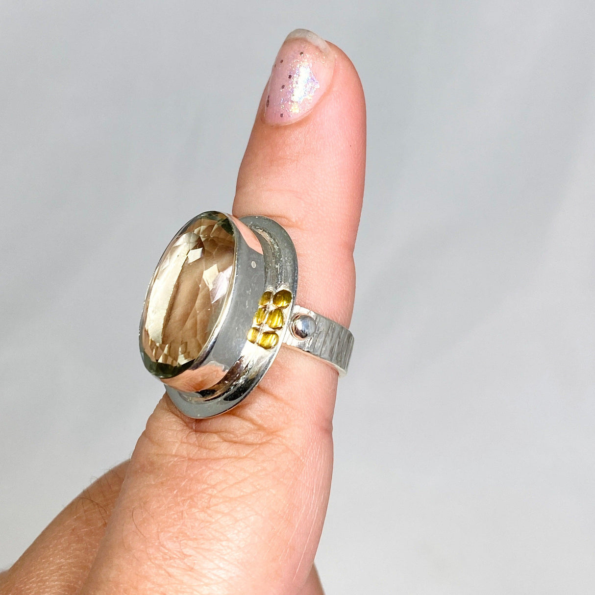 Prasiolite (Green Amethyst) Oval Faceted Ring with Brass Accents Size 8 KRGJ3170 - Nature's Magick