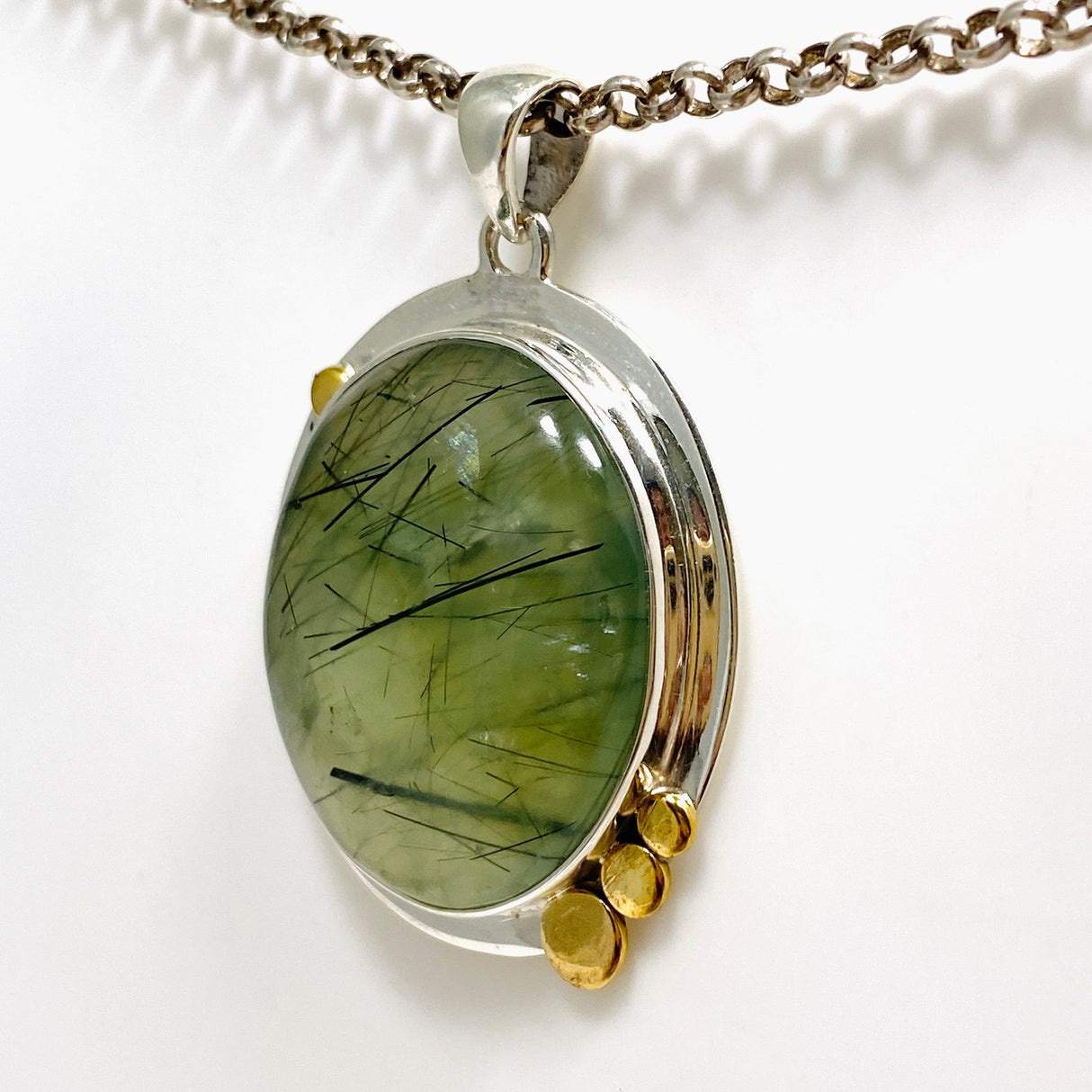 Prehnite and Epidote Oval Pendant with Brass Accents KPGJ4289 - Nature's Magick