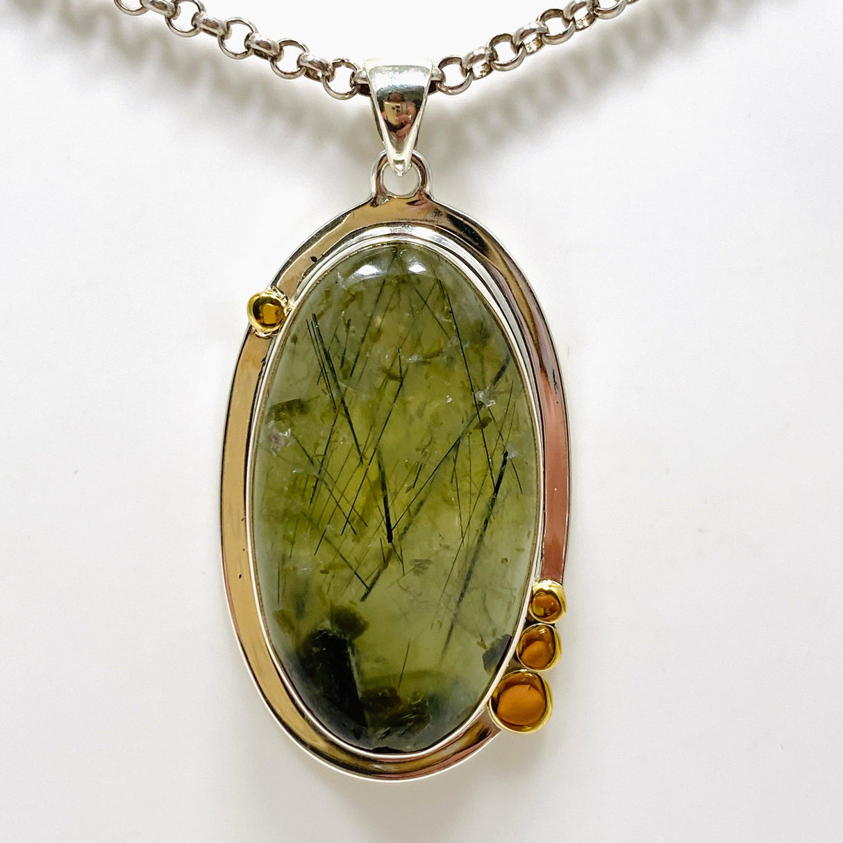 Prehnite and Epidote Oval Pendant with Brass Accents KPGJ4290 - Nature's Magick
