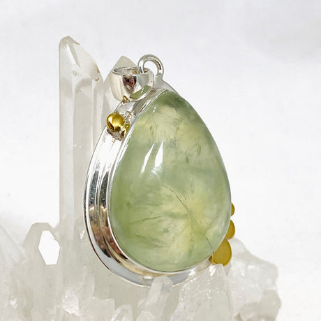 Prehnite Teardrop Pendant with Brass Accents KPGJ4294 - Nature's Magick