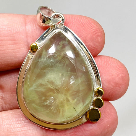 Prehnite Teardrop Pendant with Brass Accents KPGJ4294 - Nature's Magick