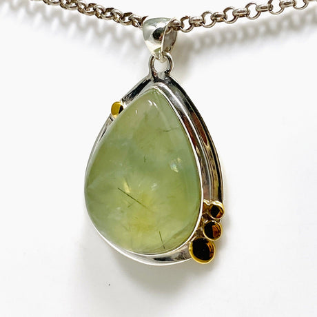 Prehnite Teardrop Pendant with Brass Accents KPGJ4294 - Nature's Magick