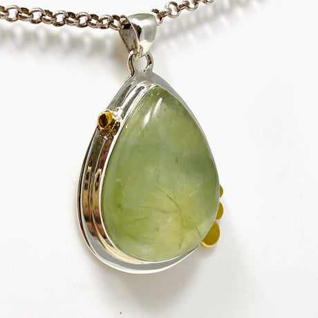 Prehnite Teardrop Pendant with Brass Accents KPGJ4294 - Nature's Magick