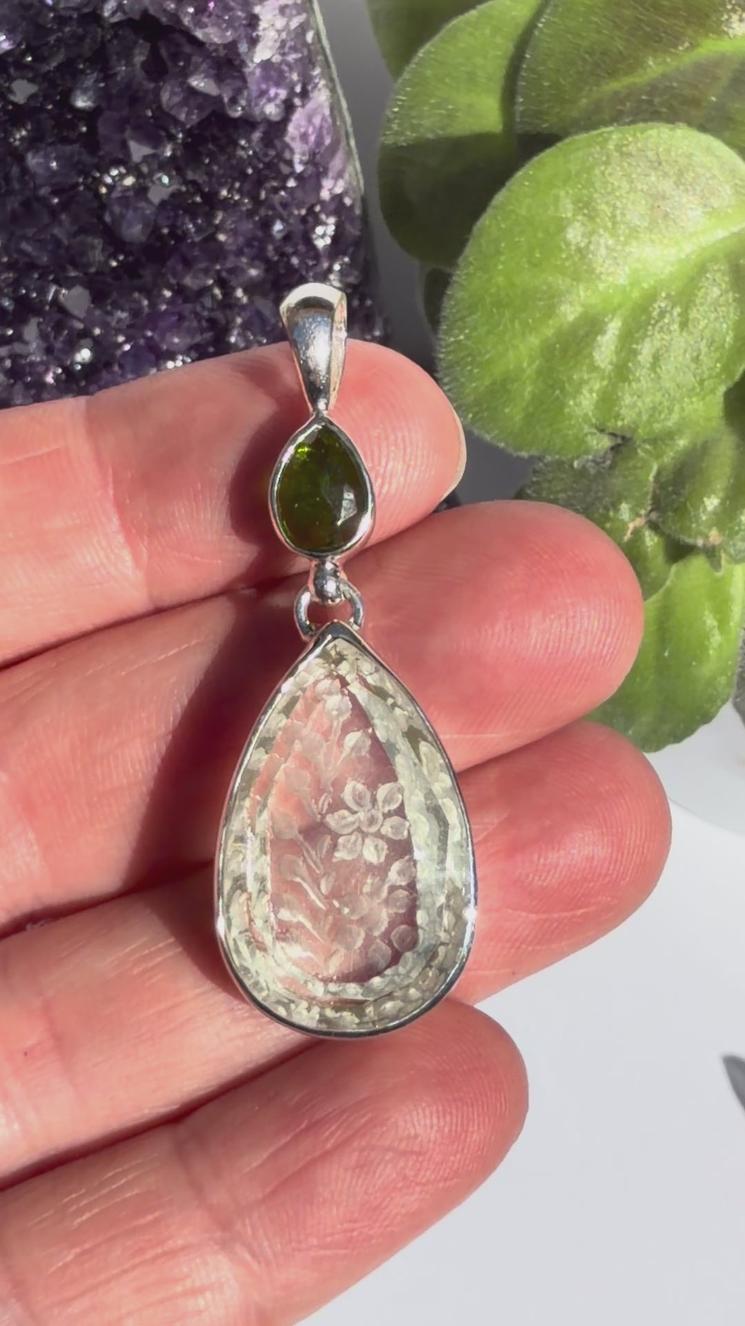 Chrome Diopside & Carved Prasiolite Sterling Silver Pendant EPGJ18