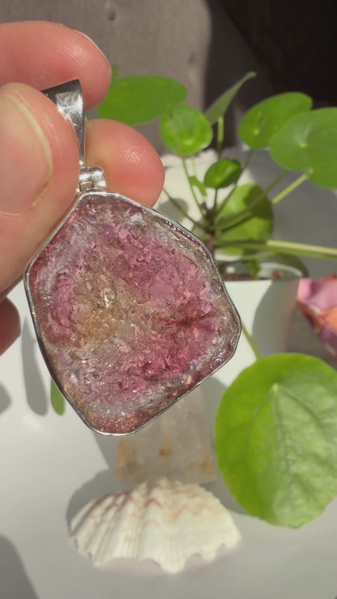 Gold & Pink Tourmaline Large Slice Pendant in Sterling Silver
