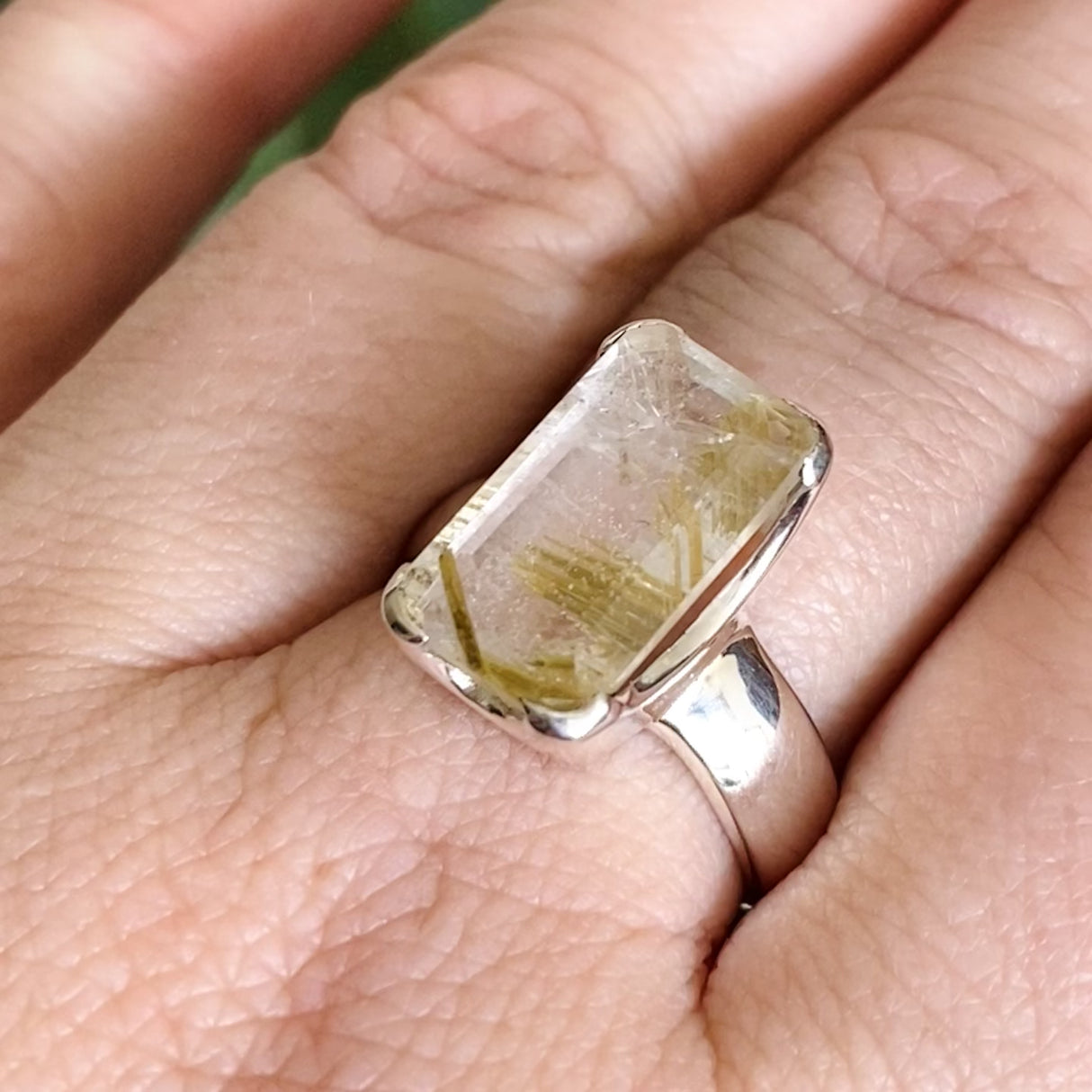 Rutilated Quartz Rectangular Faceted Ring Size 8 PRGJ606