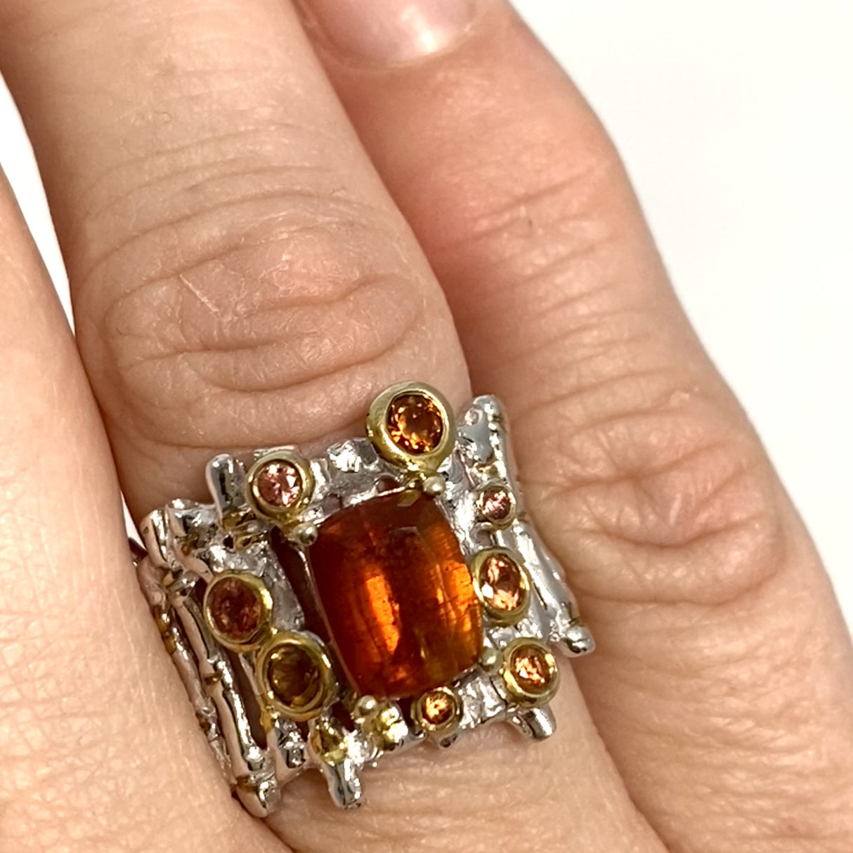 Orange Kyanite cushion cut with Tourmaline and Sapphire Designer ring Size 8 GRA580