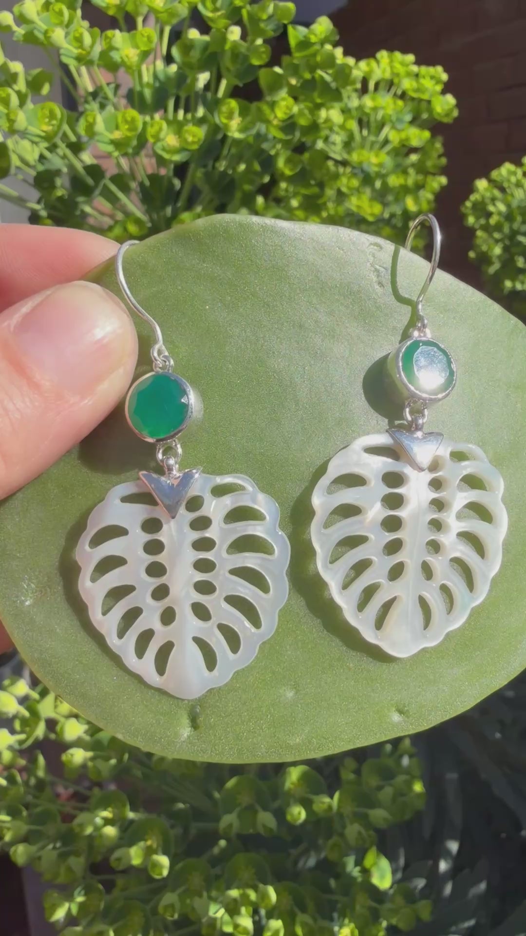 Green Chalcedony & Mother of Pearl Leaf Earrings EEGJ01