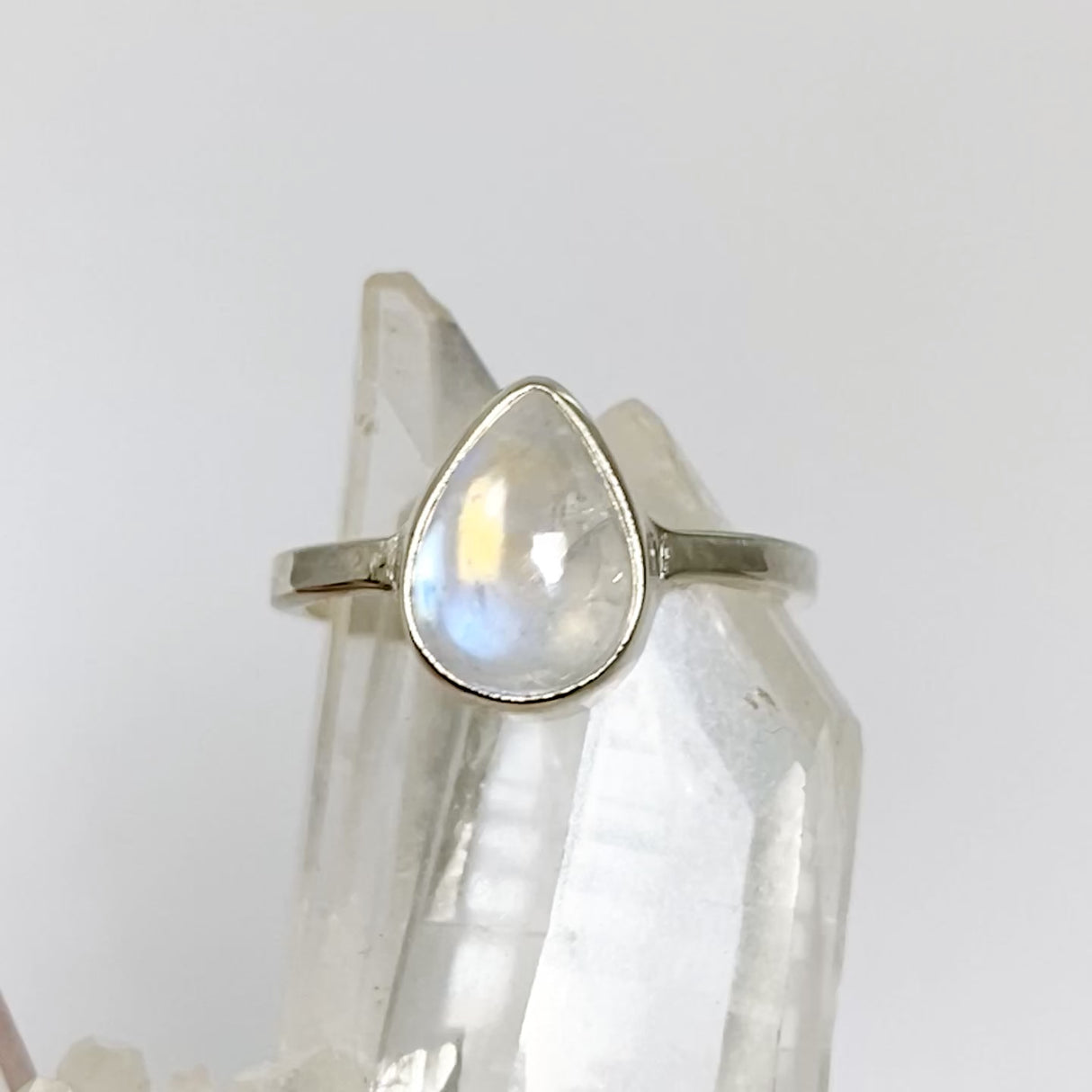 Rainbow Moonstone Teardrop Cabochon Ring  with a Hammered Band Size 7.5 BTR-27