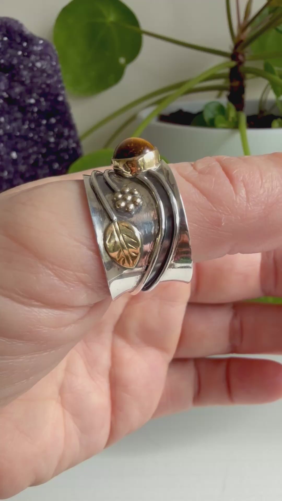 Tiger's Eye Botanical Brass on Sterling Silver Ring Size 9 R4198