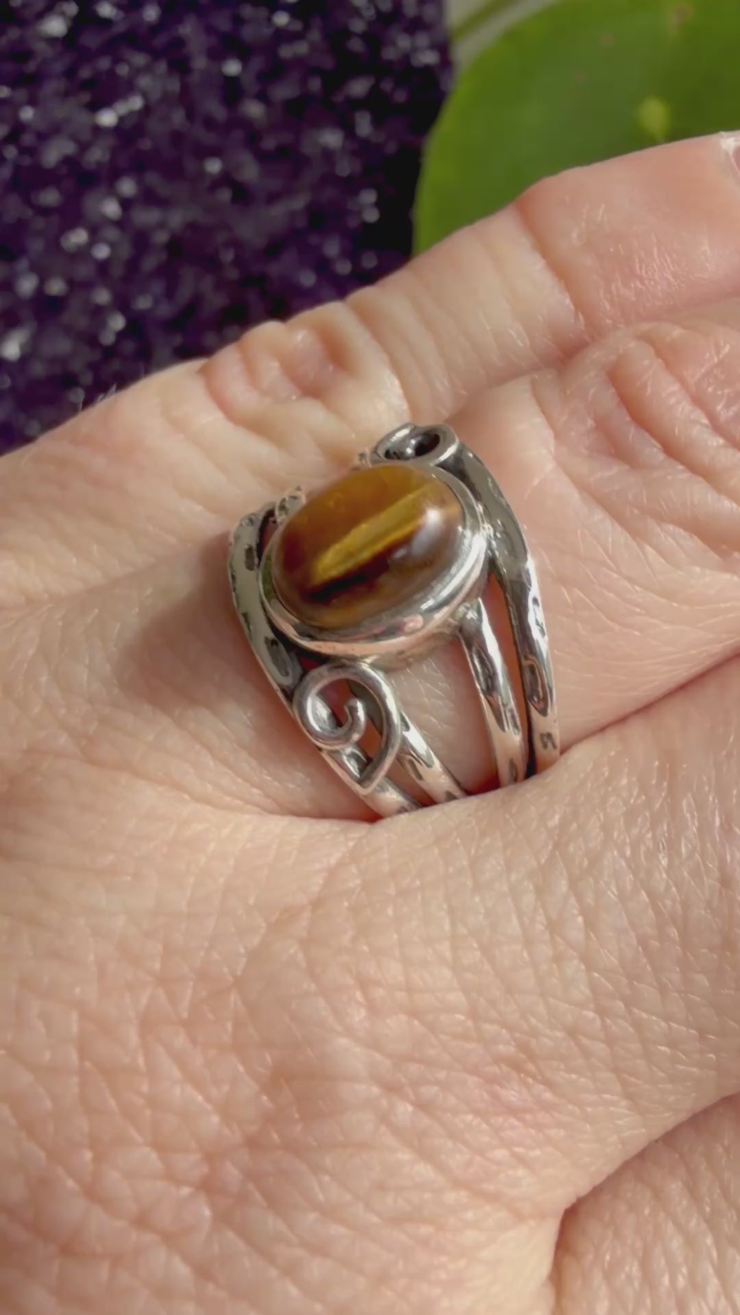 Golden Tiger's Eye Ring with Sterling Silver Scrollwork R4025